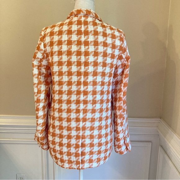 H&M Orange Ivory White Tweed Houndstooth Check Blazer Gold Crest Buttons - Picture 4 of 9